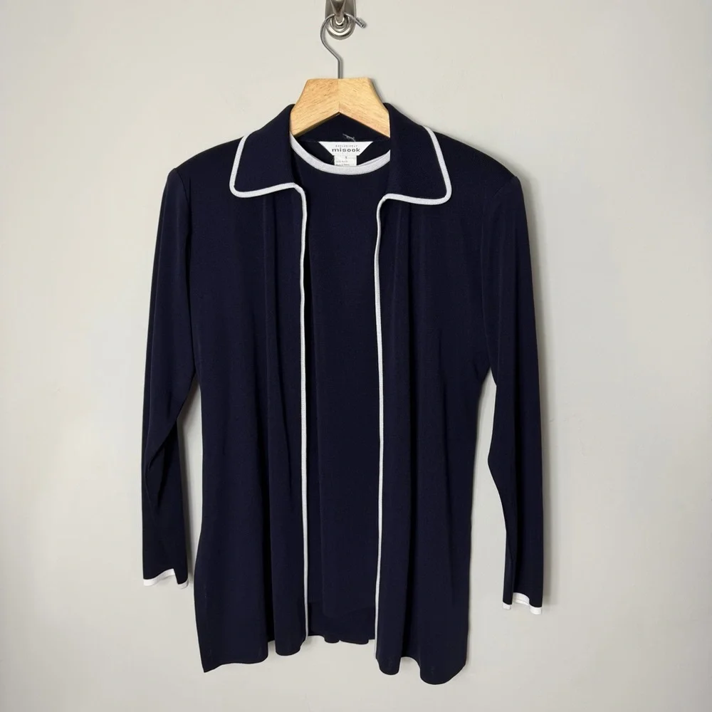 Exclusively Misook Navy Jacket Top Set Matching Navy White Size Small *D